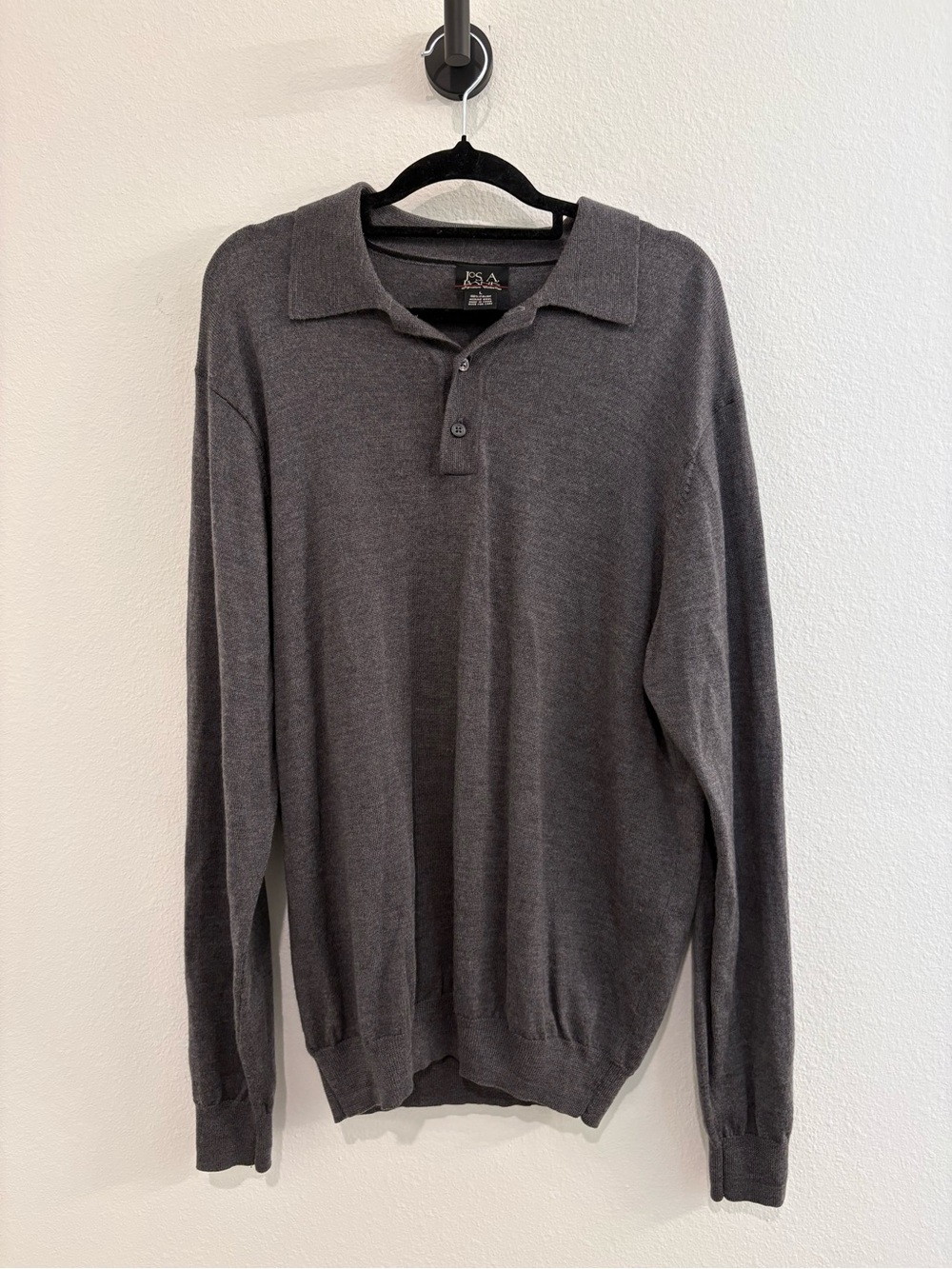Jos. A Bank 100% Merino Wool Men's Dark Gray Long-Sleeve Polo Sweater